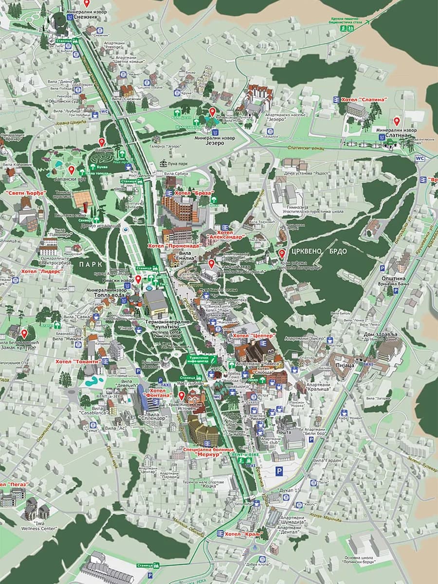 Plan grada Vrnjačka Banja sa izvorima, parkom i autobuskom stanicom